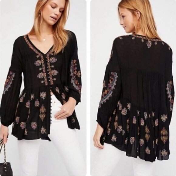 Free People Tunic Dress S Shirt‎ Peasant Top Black Embroidered Vneck Boho Prarie - Picture 2 of 16